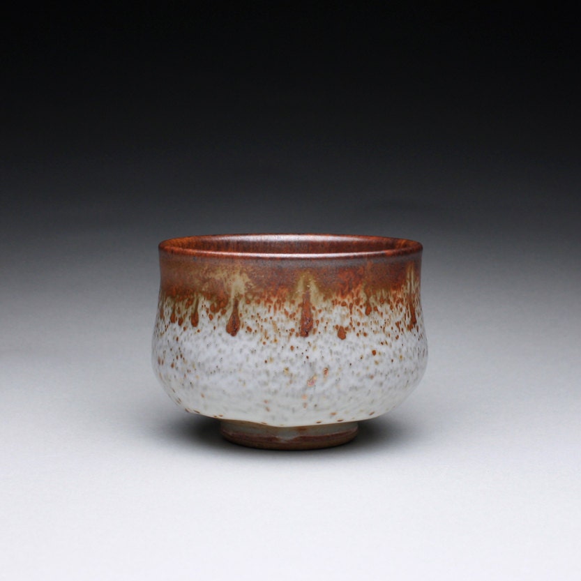 pottery tea bowl, handmade chawan, ceramic bowl with layered shino glazes