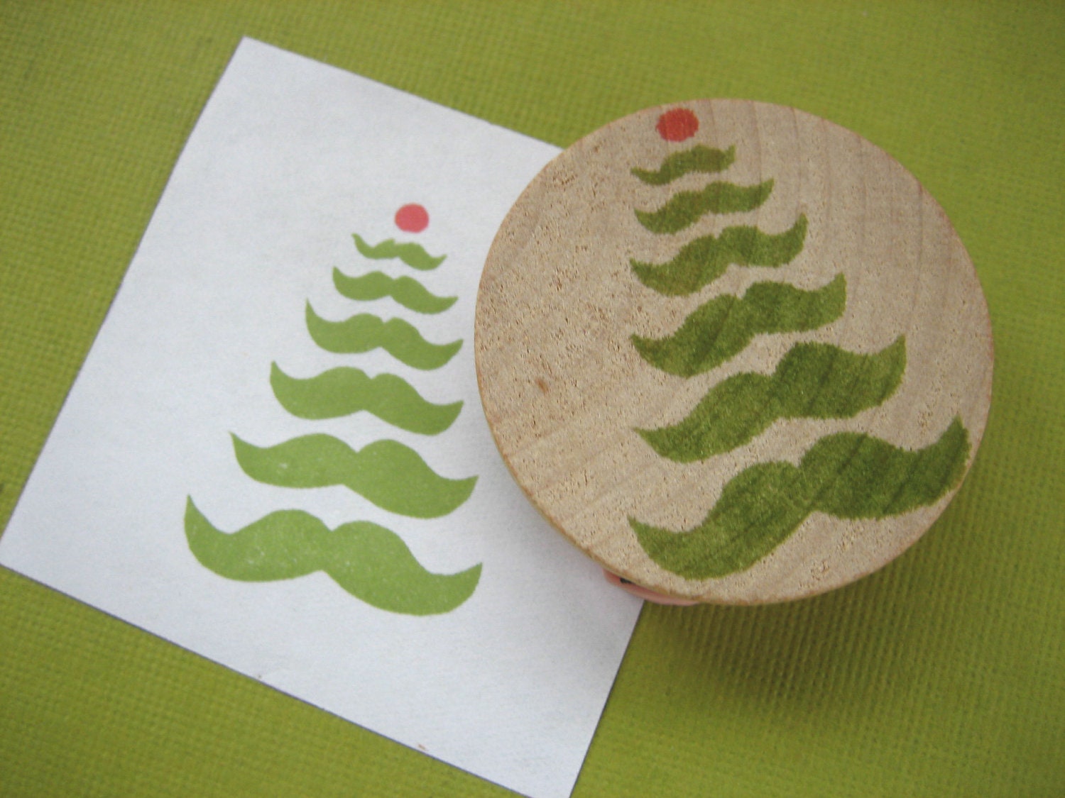 Mustache Christmas Tree Rubber Stamp, Hand Carved - DrumChickDesigns