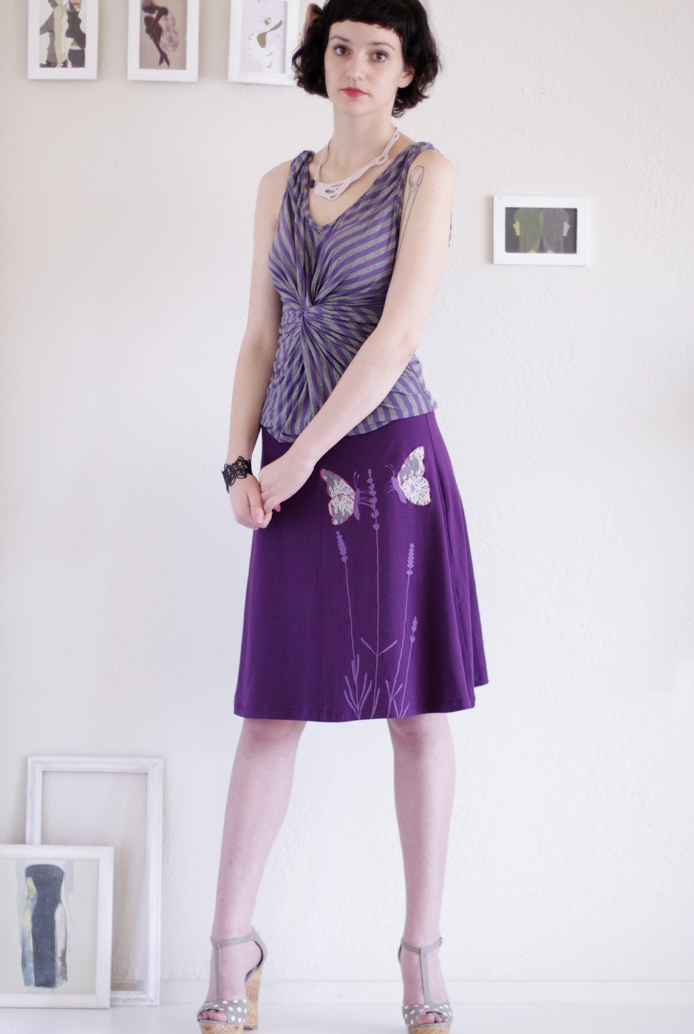 Womens Winter Fashion - A line Knee Length Purple Thick Cotton Skirt - Butterfly's office affair - size Large