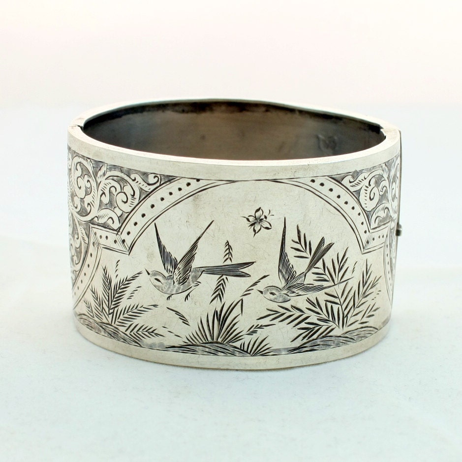 Antique Victorian Sterling Silver Hinged Cuff Bangle Bracelet Love Birds Aesthetic Movement Vintage