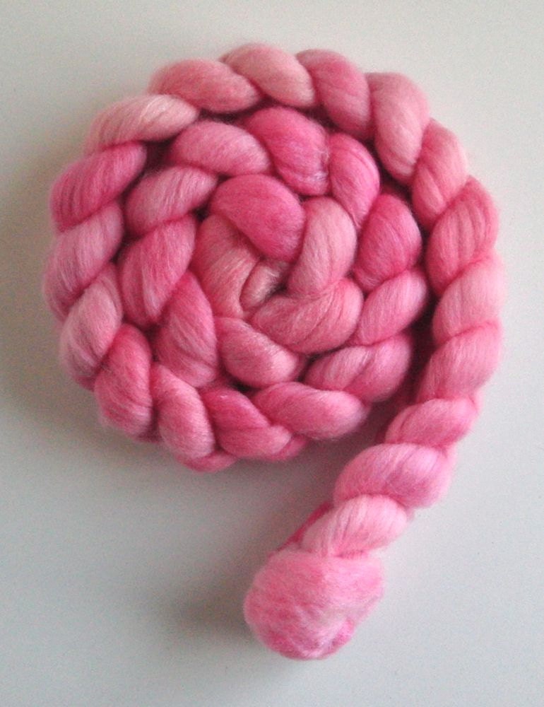 Polwarth/Silk Roving - Hand Painted Spinning or Felting Fiber, Pretty in Pink