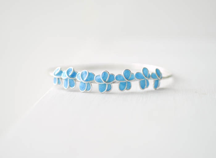Pale Blue Forget Me Not Flower Bangle, Bridal Wedding Jewelry, Delicate Sterling Silver Artisan Paper Jewelry... - TaylorsEclectic