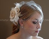 Birdcage Veil With Flower, Ivory Blusher Veil Double Swarovski Rhinestone Edge, Detachable Ivory And Champagne Flower Fascinator - MissHill