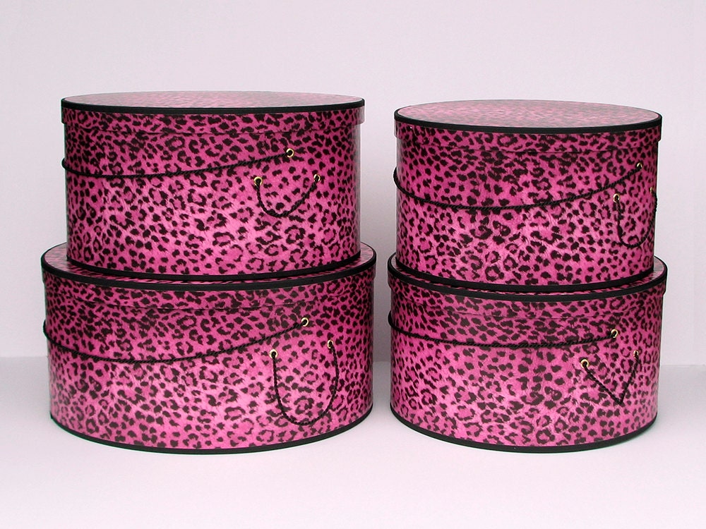 X-Large Classic LEOPARD PRINT on STEROIDS  -  Hot Pink Hat Boxes - Millinery Stack of Four (4 boxes)
