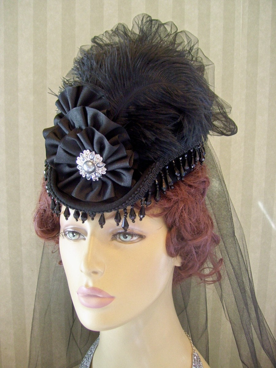 Mini Riding Hat Steampunk Hat Mini Top Hat Halloween Hat Lolita Civil War Derby Ostrich Feathers Ribbon-Halloween-Victorian Hat-Black-Hat