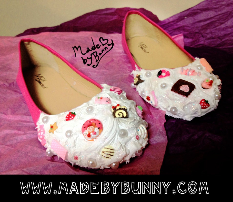 Adorable Yummy Deco Den Candy Kawaii Lolita Fashion Cute Dessert Charms Flat Shoes for Children and Adults
