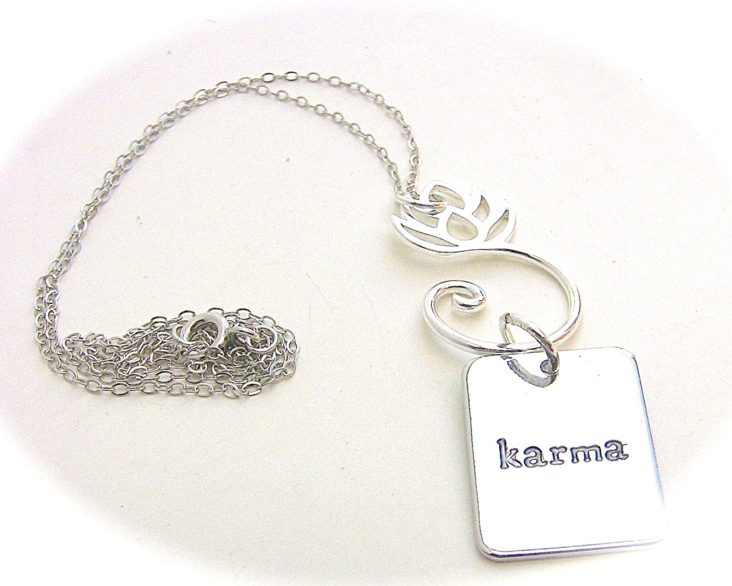 Karma Charm Necklace, Lotus Flower Pendant, Silver Yoga Jewelry - BayMoonDesign