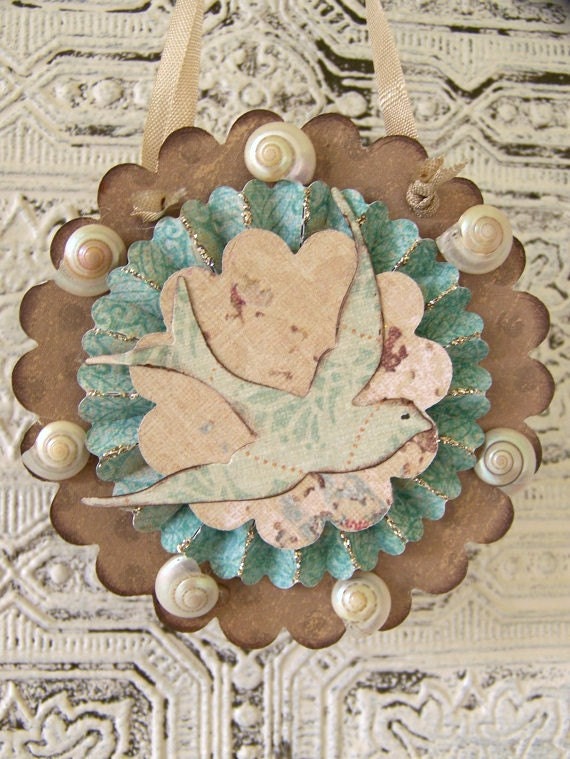 Cottage Style  Bird Ornament Vintage Altered Seashell Ornament Vintage Bird Collage Turquoise