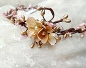 bridal headpiece, gold pink flower circlet, bridal flower for hair, gold headpiece, flower hair wreath - SERAPHIM - wedding hair accessories