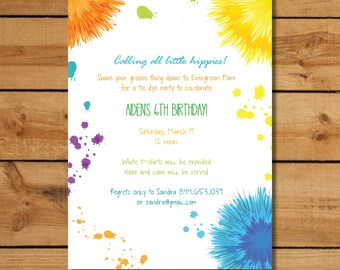 Hippie Birthday Party Invitations - Tie Dye Colorful Splats