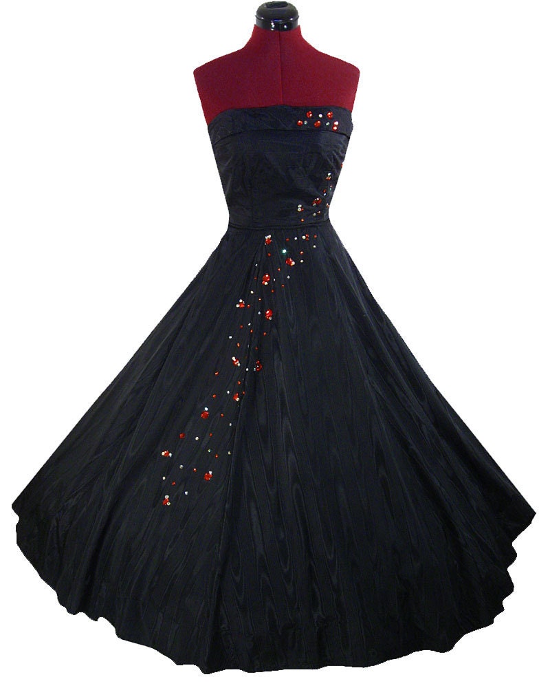 Dress Vintage 50s Black TAFFETA Full Skirt Prom PARTY Dress XS Strapless Red Cocktail