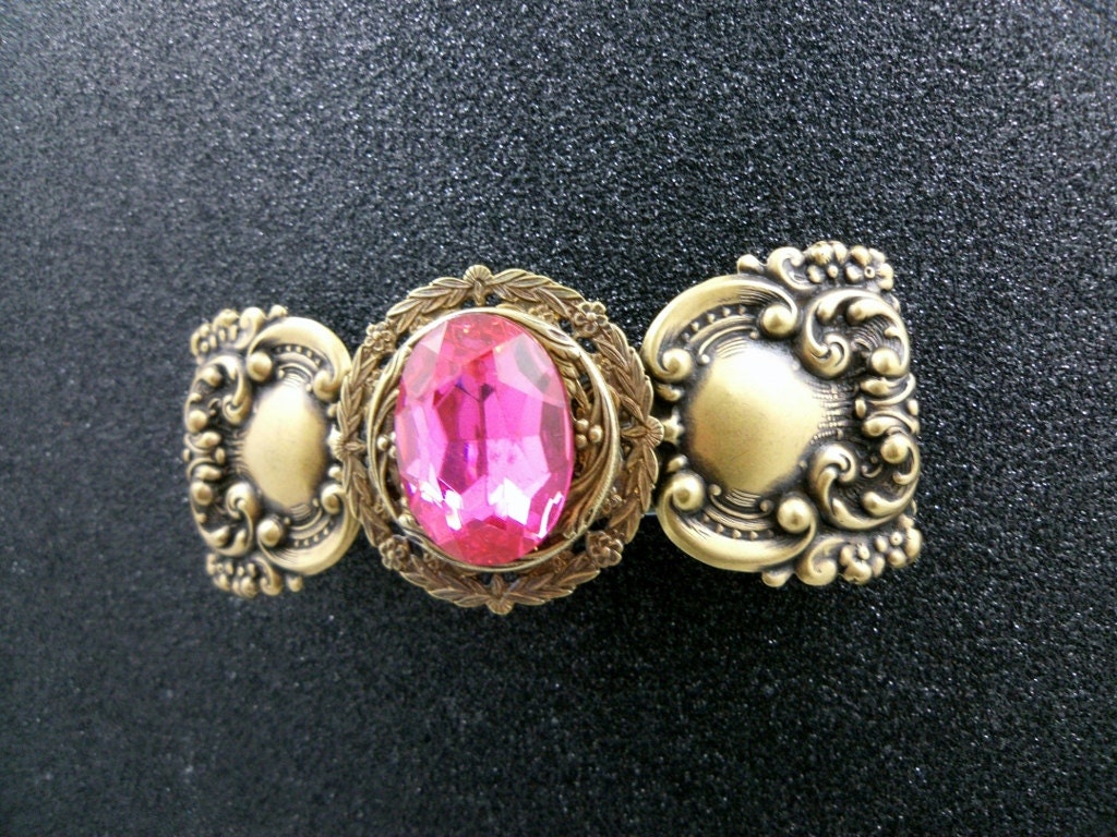 Pink Glass Hair Barrette in Antiqued Brass
