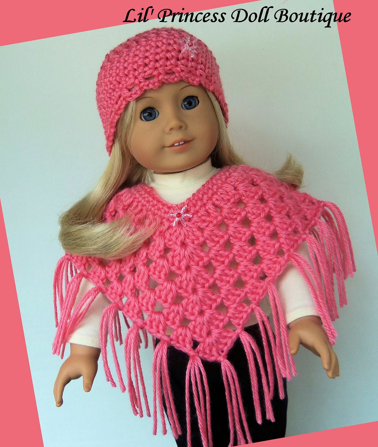 Fits American Girl Doll, Crochet Poncho Set, STRAWBERRY, Handmade 18 Inch Doll Clothes