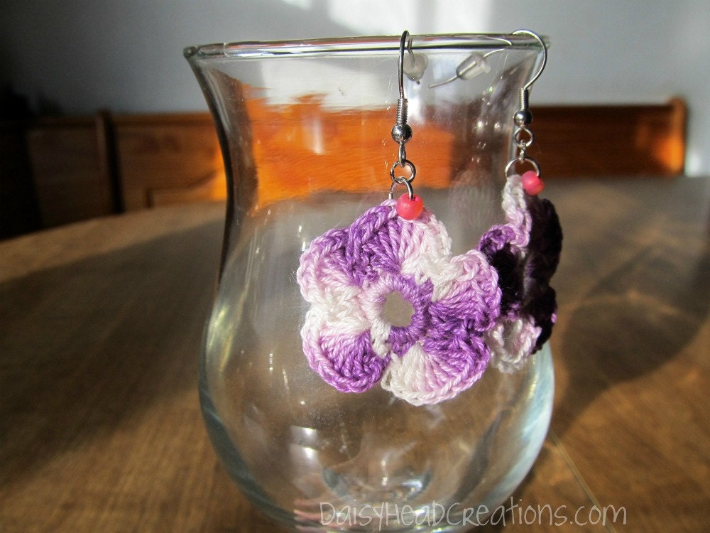 Purple Pansy Earrings- Crocheted Beaded Flower Earrings- Hypoallergenic- Crochet Jewelry