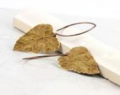 Honey Gold Leaf Earrings Rustic Brass Patina Handmade Copper Ear Wires Woodland Jewelry