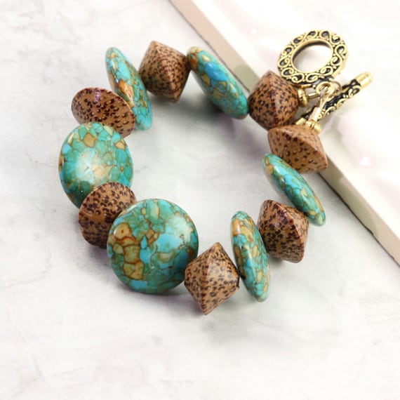 Turquoise Bracelet Palm Wood Tribal Mint Green Fall Fashion Jewelry Toggle Clasp