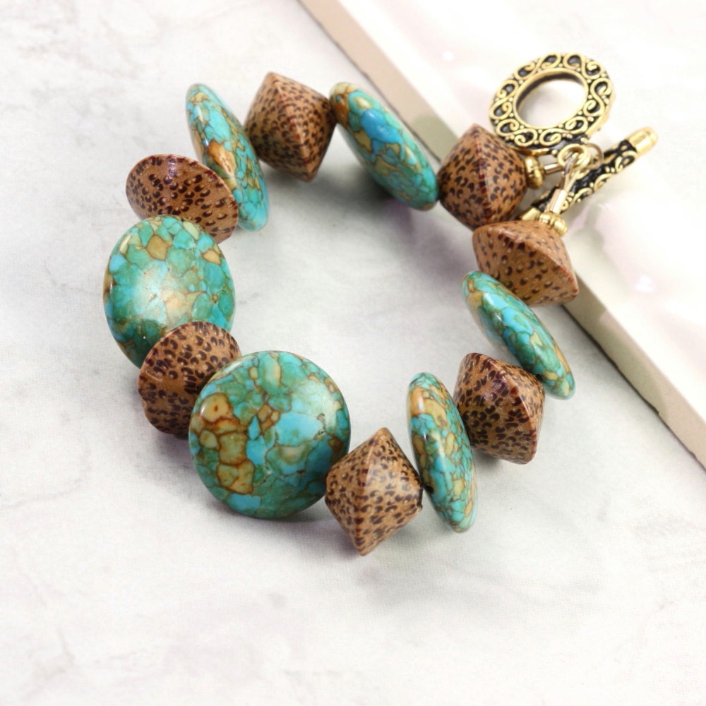 Turquoise Bracelet Palm Wood Tribal Mint Green Fall Fashion Jewelry Toggle Clasp