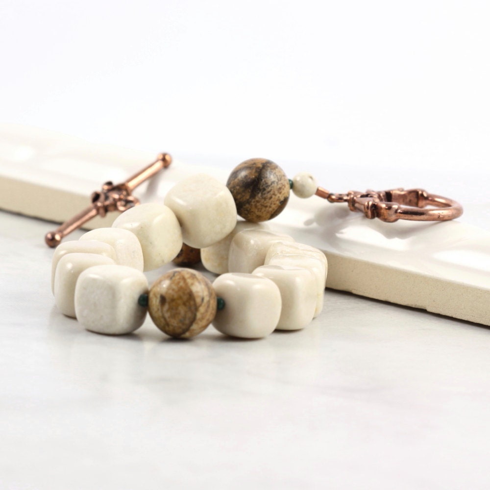 Boho Bracelet Cream Brown Fall Earth Tone Jasper Gemstone Rustic Autumn Woodland Fashion Beige Jewelry Copper Clasp