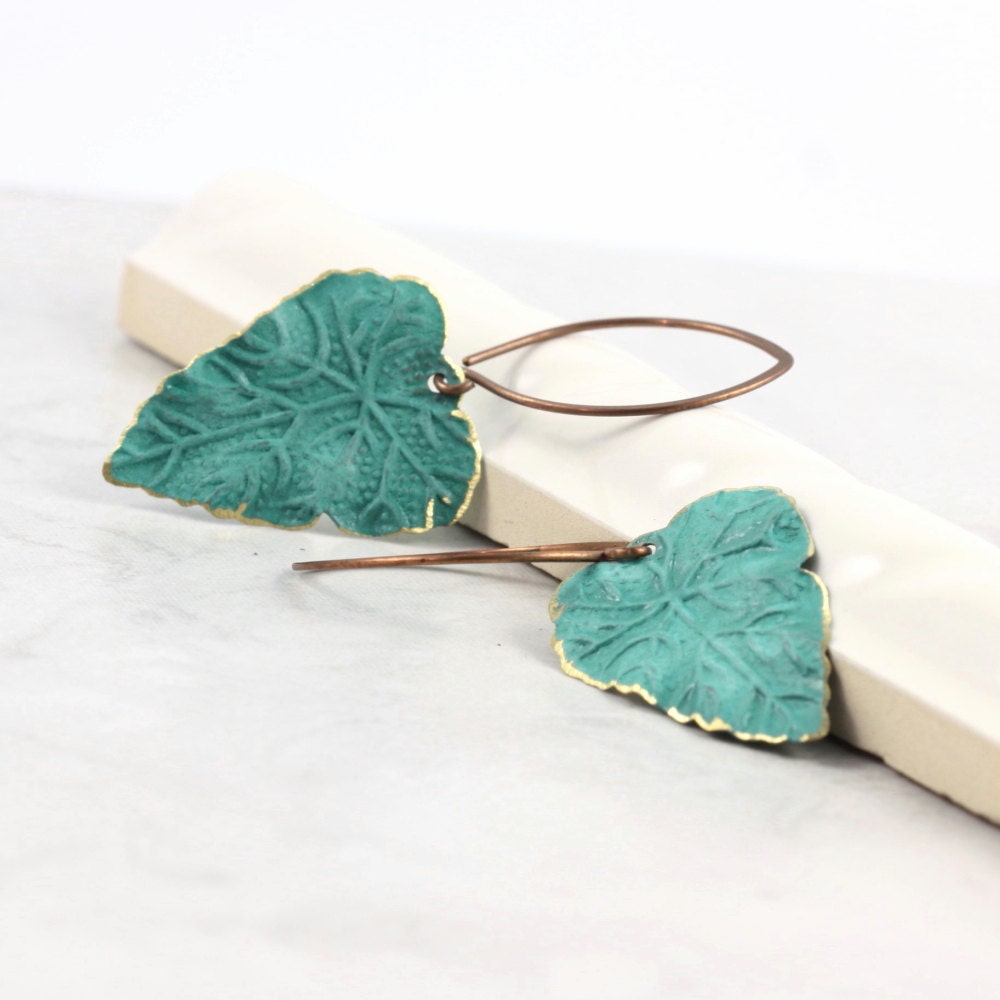 Teal Blue Leaf Earrings Rustic Brass Patina Handmade Copper Ear Wires Woodland Jewelry