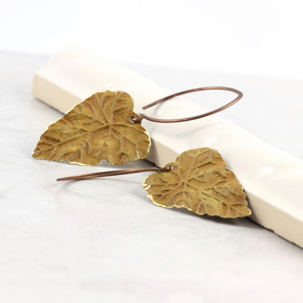 Honey Gold Leaf Earrings Rustic Brass Patina Handmade Copper Ear Wires Woodland Jewelry