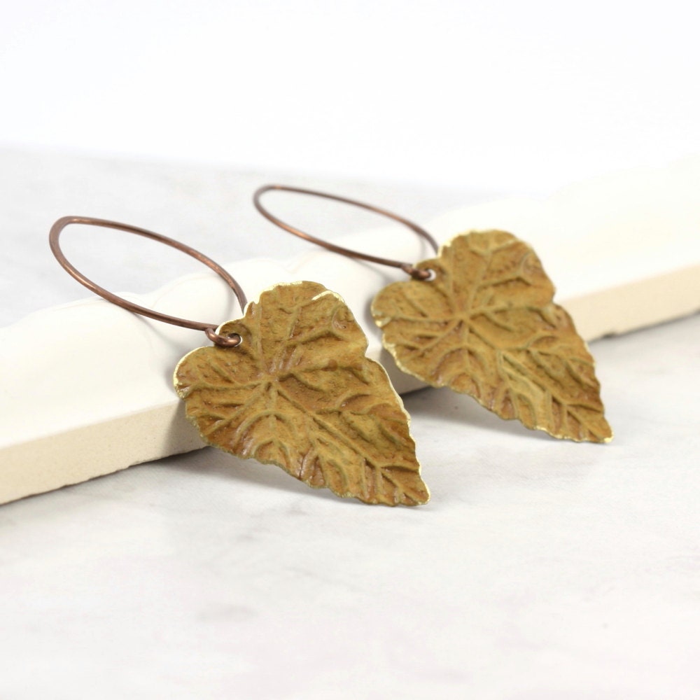 Honey Gold Leaf Earrings Rustic Brass Patina Handmade Copper Ear Wires Woodland Jewelry