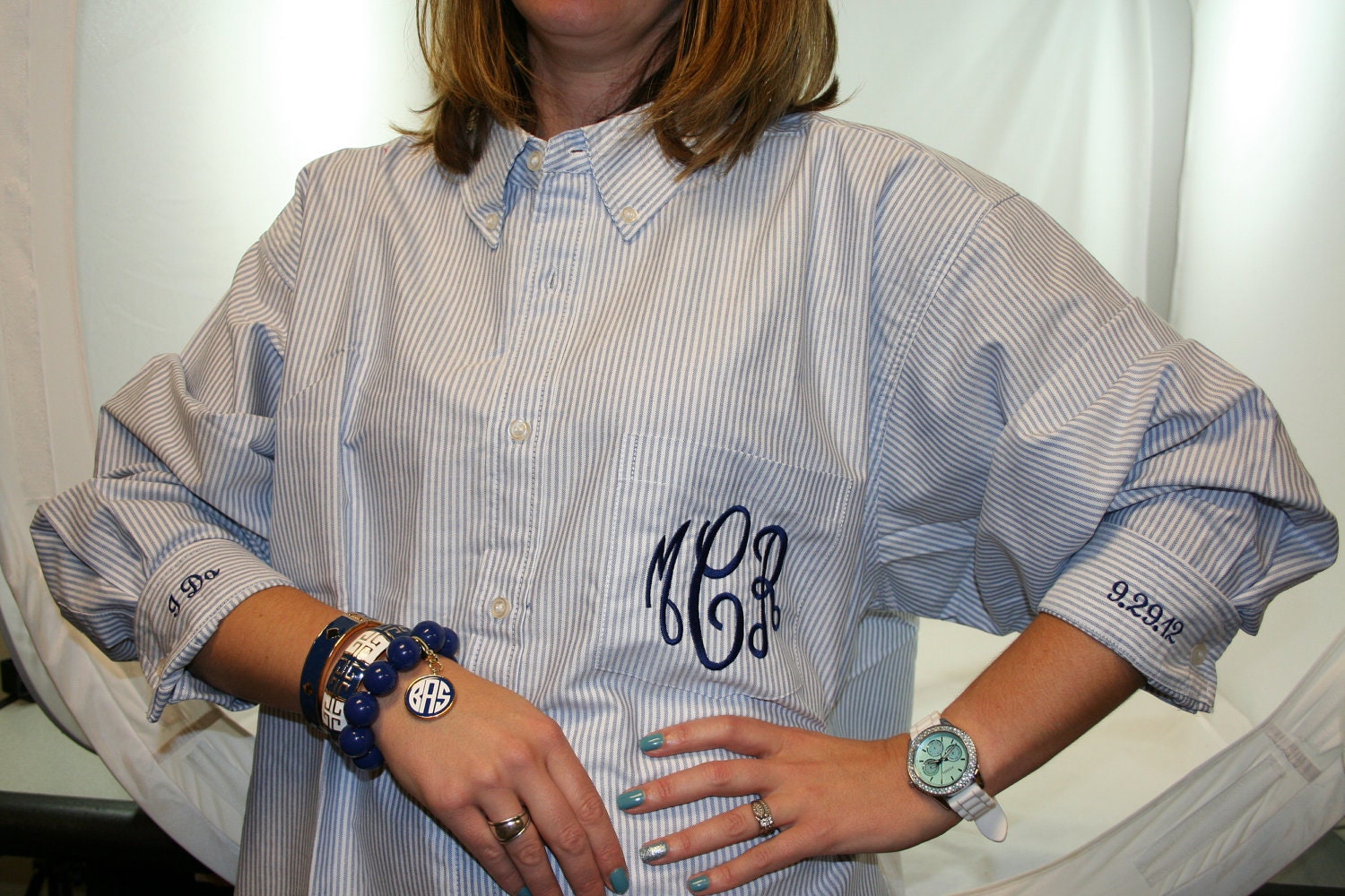 Blue Stripe Oversized Button Down Mens Shirt Monogram with "I do" and Wedding Date on cuffs