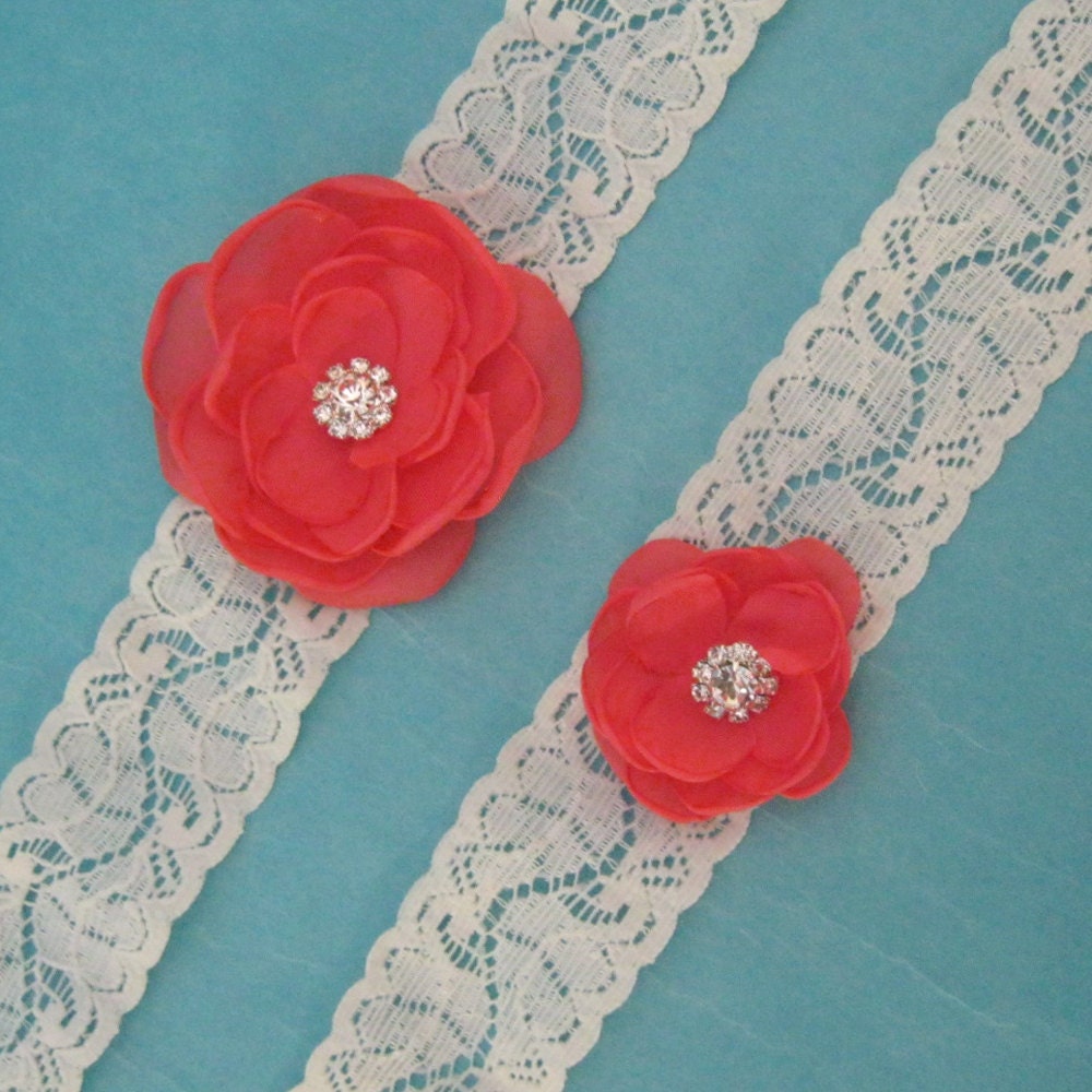 Wedding Garter Ivory lace, Coral Roses,  bridal garter set B275, budget bridal garter accessory