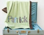 Monogrammed Baby Blanket in SEAWEED, Brown Minky and Green Chenille, Personalized with Your Baby Boy's First Name in Stripes and Polka dots
