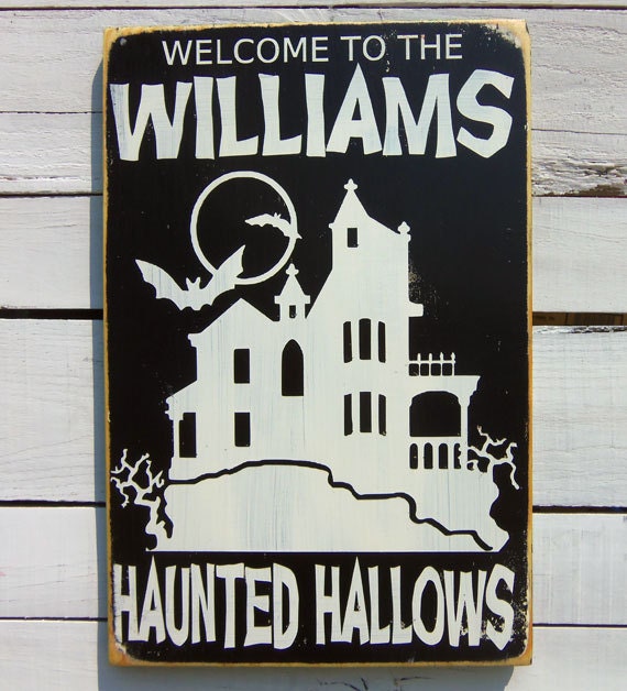 Personalized Halloween Decor -Haunted Hallows Typography Wood Sign - 13pumpkins Personalized Halloween Decor -Haunted Hallows Typography Wood Sign - 13pumpkins