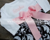 Black Damask Layette Gown  with Pink Ribbon - Long or Short Sleeve - Free Monogramming