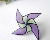 spinning pinwheel whirligig brooch pin - purple and green