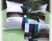 Sweet Fifteen QUINCEANERA  Shoe Kneeling PILLOW Guest Book Pen Set Peacock Feathers CUSTOMIZE