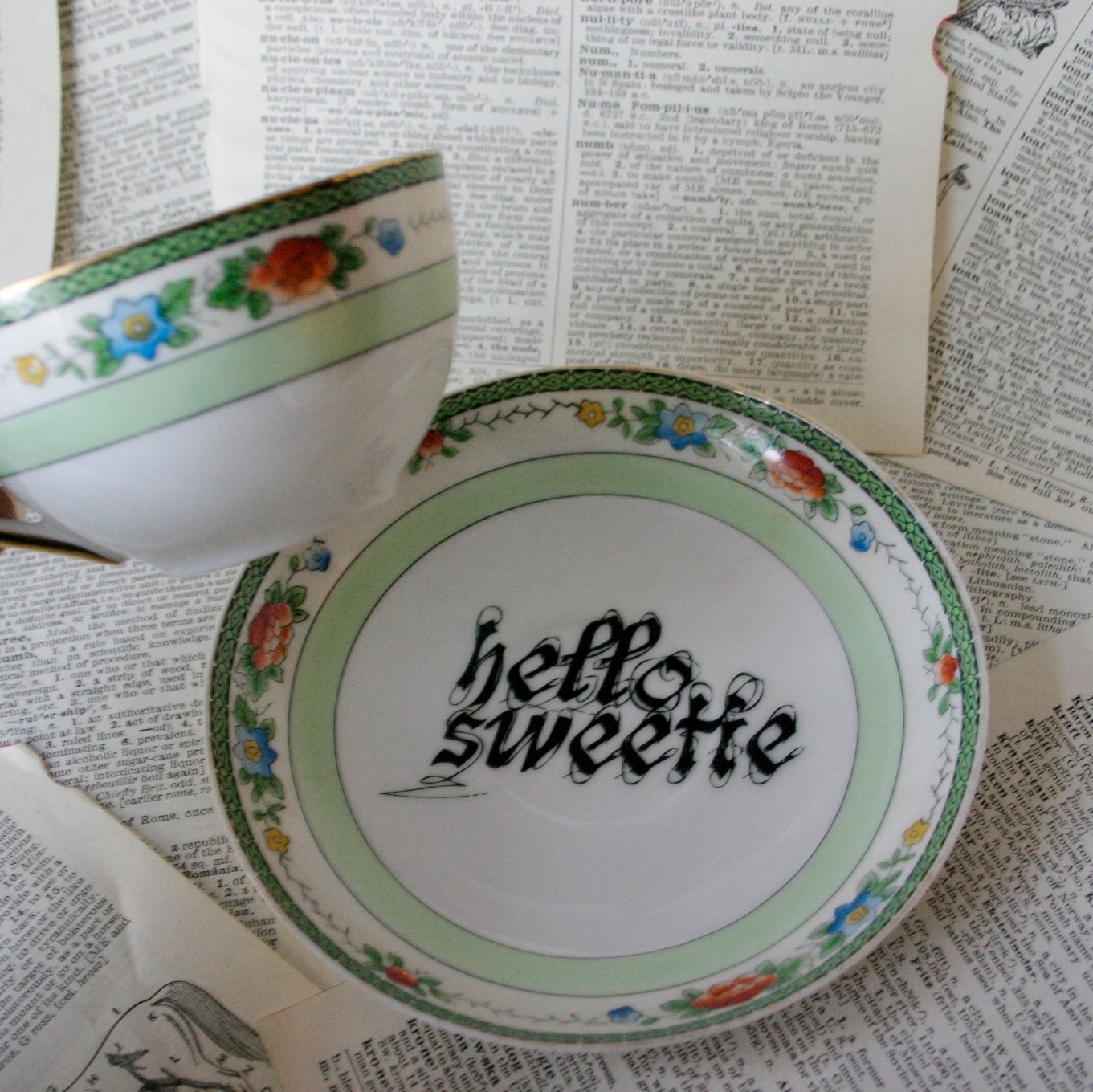 Green Hello Sweetie Teacup and Saucer