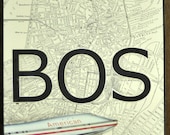 ARTWORK. Up in the Air Series. BOS. Boston Logan Airport, Massachusetts. Wooden Block MapArt using 1937 Map