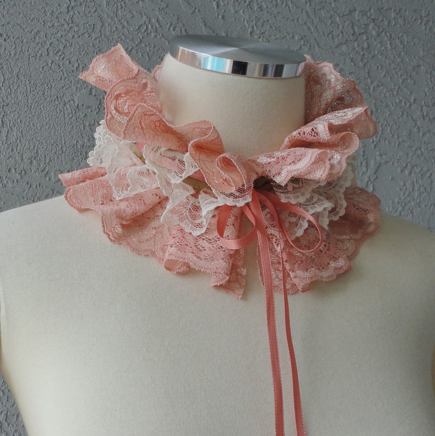 Victorian Inspired Tangerine And  Ivory Lace And Ribbon Ruffle Collar Necklace Cowl Statement Piece