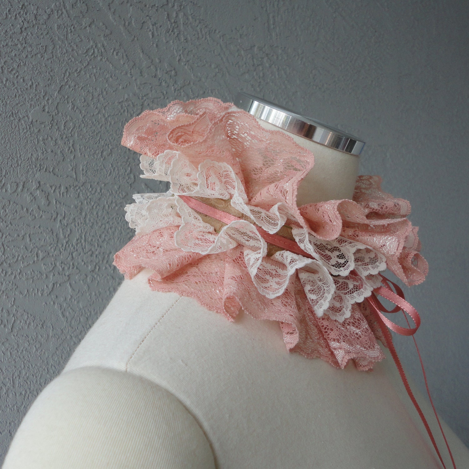 Victorian Inspired Tangerine And  Ivory Lace And Ribbon Ruffle Collar Necklace Cowl Statement Piece