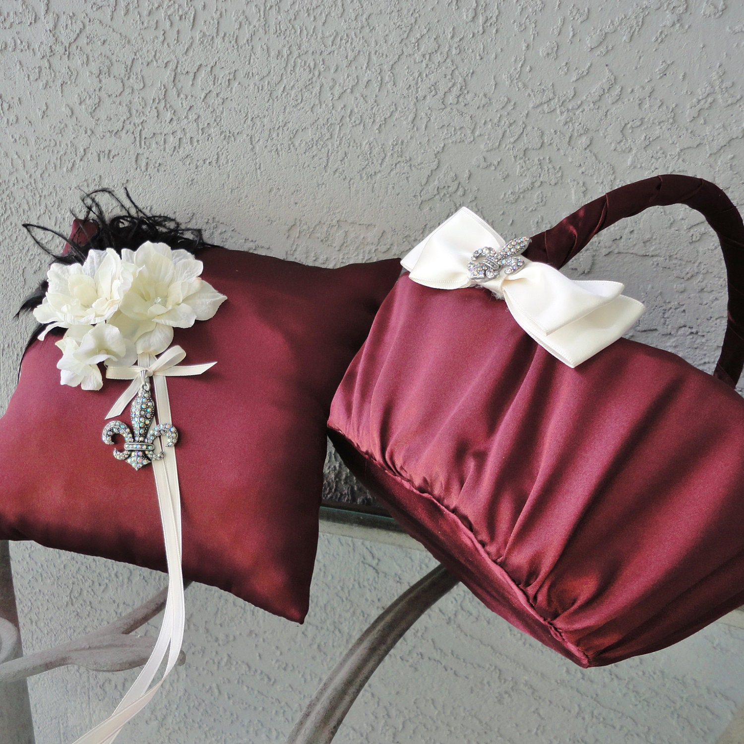 Reserved for April Custom Made Ring Bearer Pillow And Flower Girl Basket Burgundy And Ivory