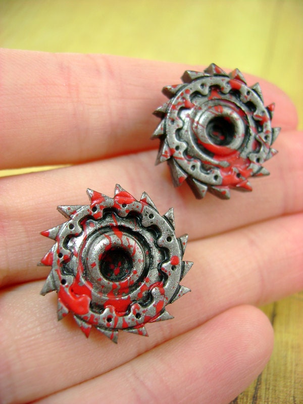 Gruesome Bloody Saw Blades - Industrial Steampunk Mechanical Polymer Clay - Stud Earrings
