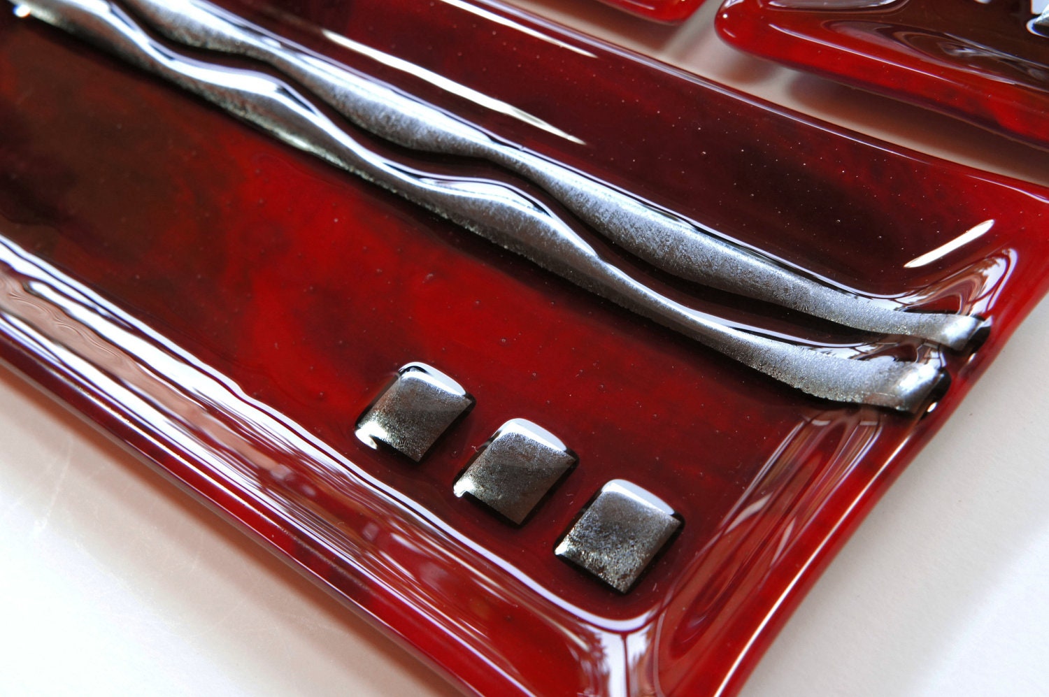 Contemporary Deep Red Black Silver Fused Glass Plate Set, Sushi Set, Home Decor