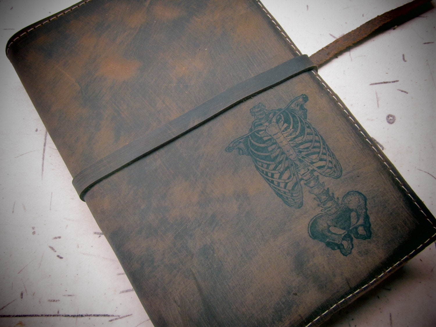 large leather journal sketchbook custom handprinted for you skeleton
