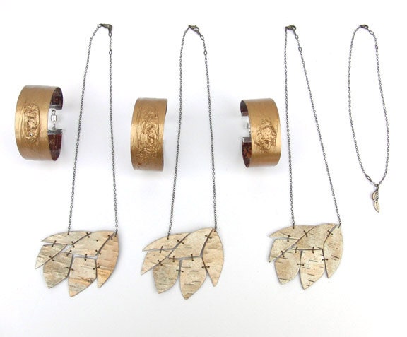 Birch bark wedding bridesmaid bracelet and necklace sets