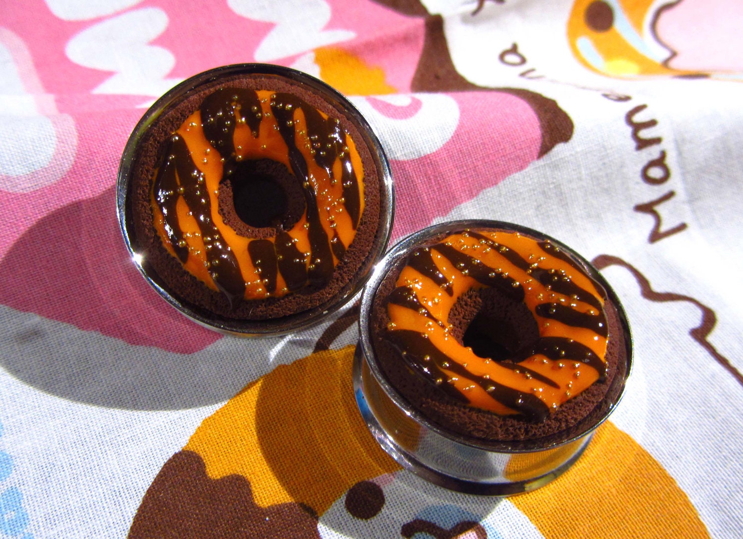 1" Donut Eyelets - CLEARANCE - Halloween Chocolate Donut Plugs with Orange Striped Frosting