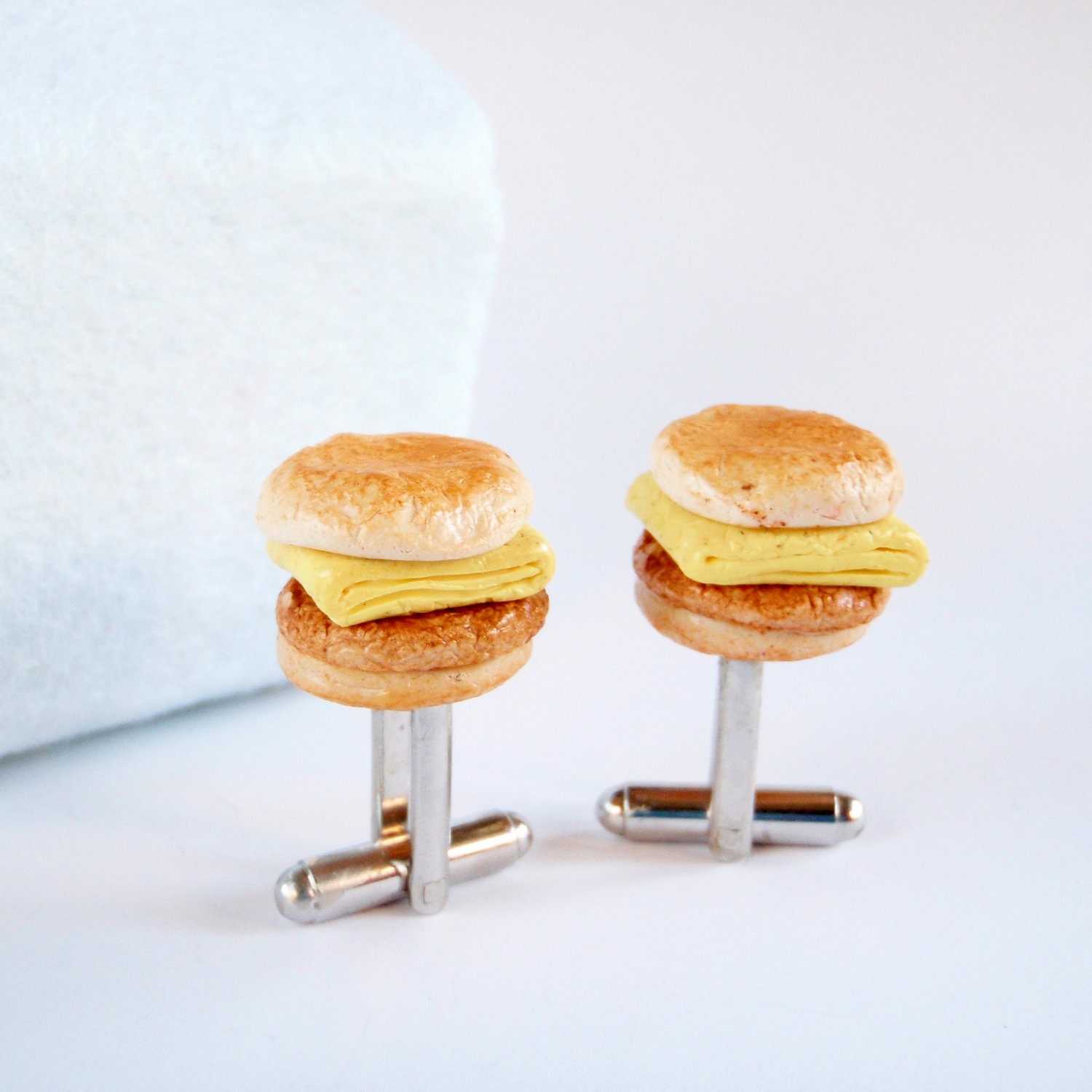 Breakfast Cufflinks - Biscuit Sausage and Egg Cuff Links - Miniature Food Art Jewelry Collectable - Schickie Mickie Original