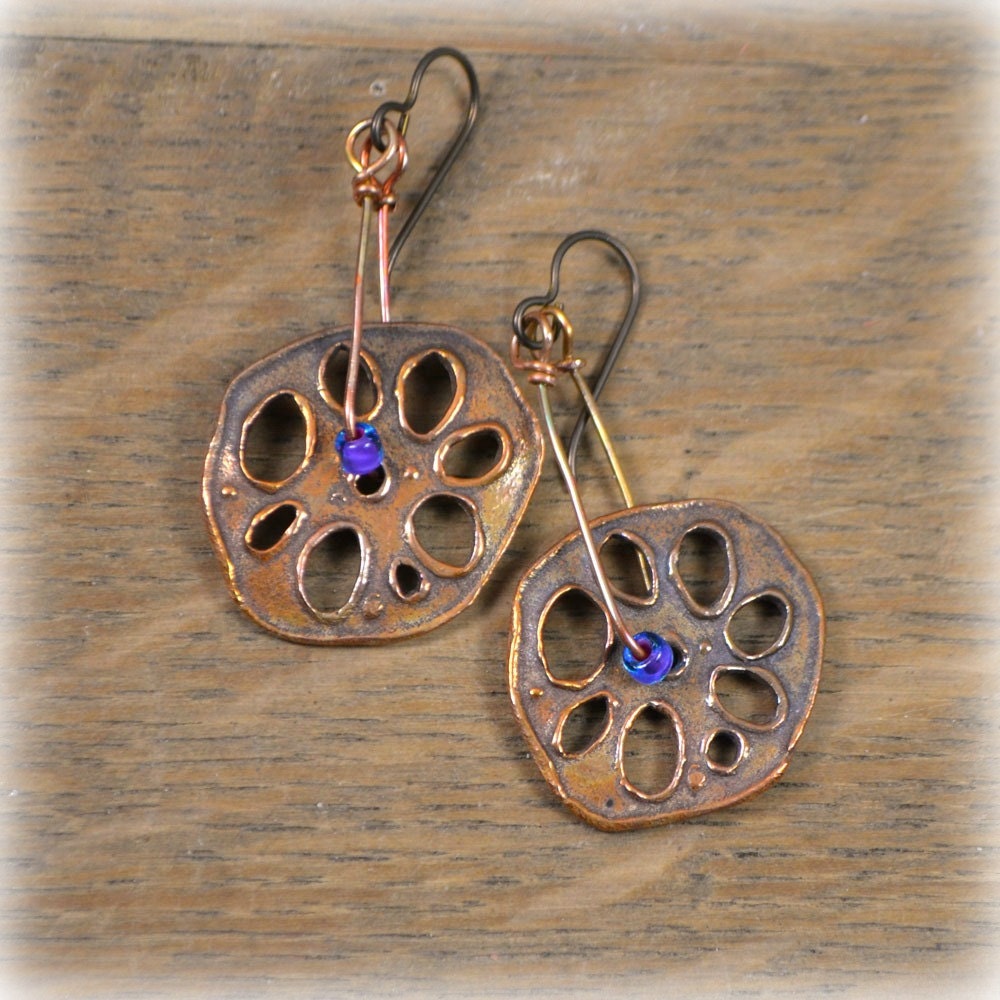 Handmade Copper Lotus Root Pinwheel Earrings
