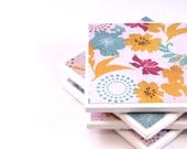 Ceramic Tile Coasters - Light Blue, Orange and Purple Floral - Set of 4 Coasters