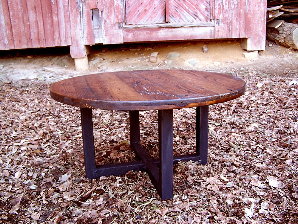 Reclaimed wormy chestnut round coffee table with industrial metal base