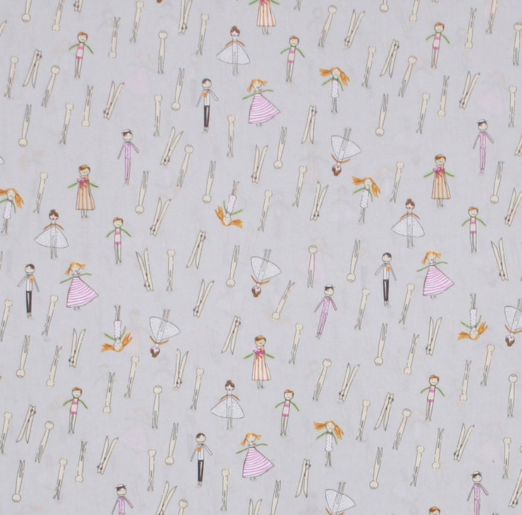 Heather Ross Crafty Chloe Pin People on Grey Cotton Fabric - 1/2 Yard (more available)
