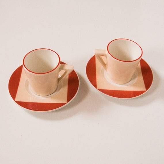 Vintage Orange and Cream Modern Geometric Espresso Cups and Saucers Made In Italy