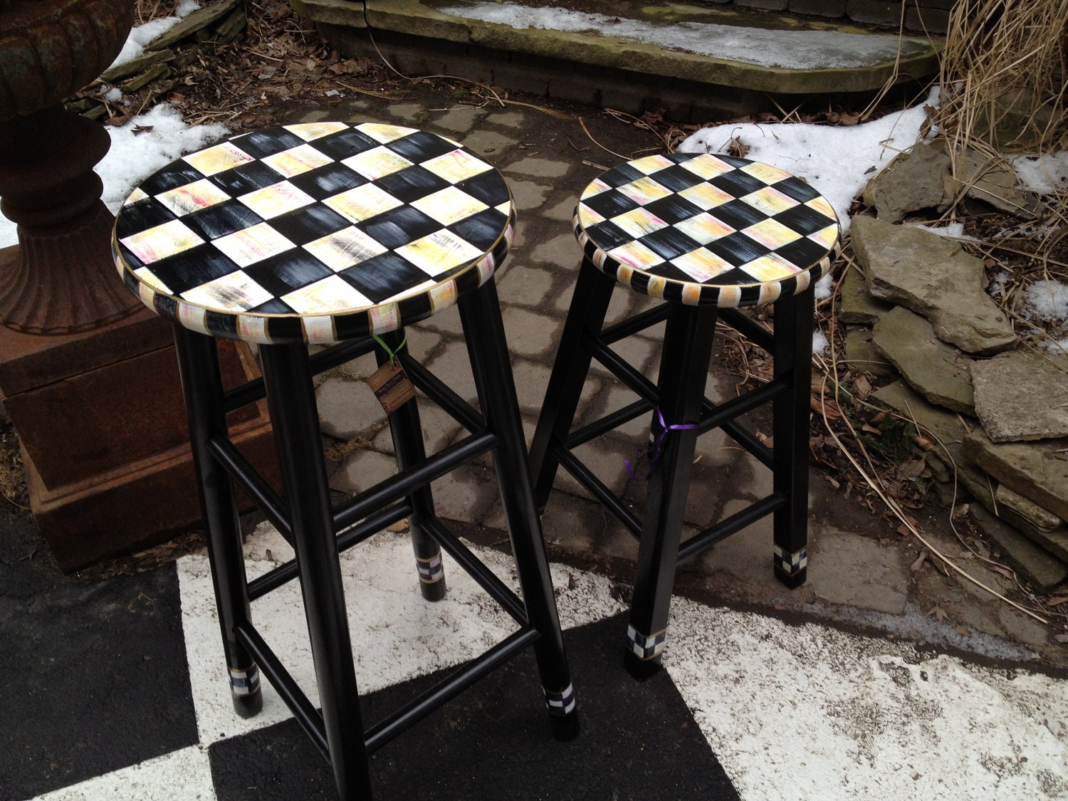 Hand Painted Black and White Checked Bar Stool - 24"