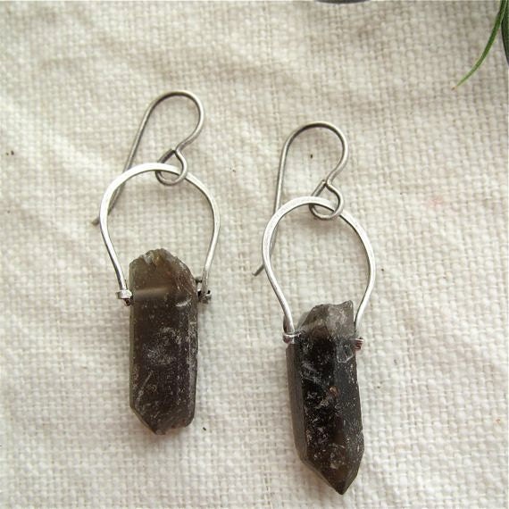 smokey quartz earrings, rough cut gemstones, quartz earrings, oxidzed silver earrings